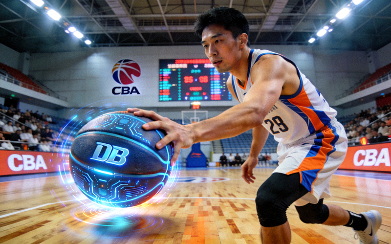 专业篮球运动员在CBA赛场上使用DB旗舰智能篮球进行训练的场景