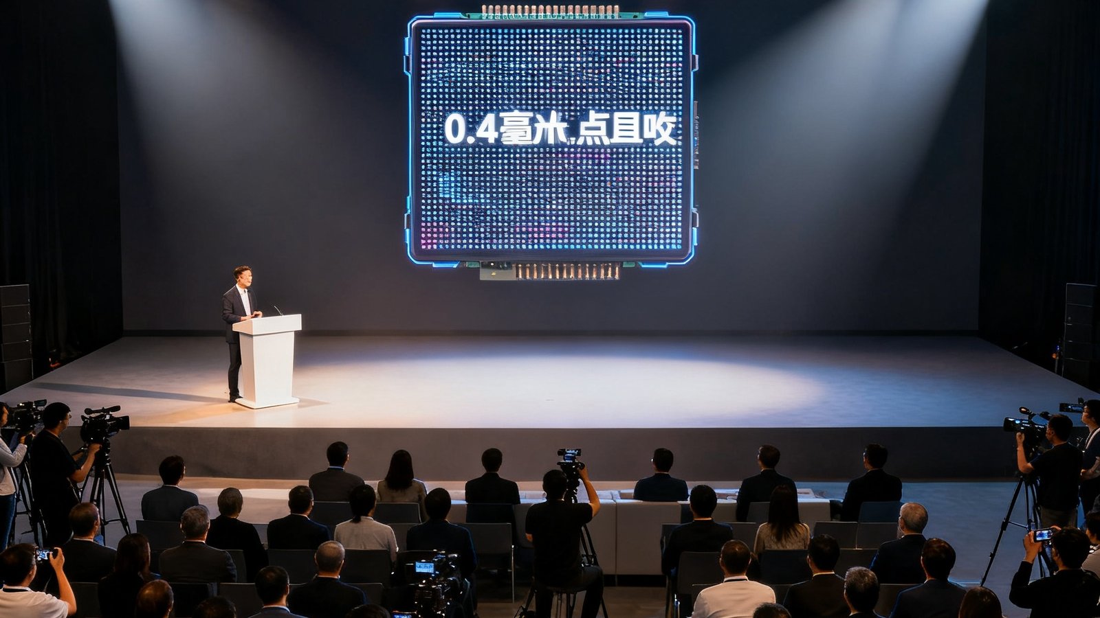 DB旗舰第三代Micro LED量产方案发布会现场，舞台中央展示一块0.4毫米点间距的显示屏样机，台下坐满行业嘉宾与媒体记者，灯光聚焦于演讲台
