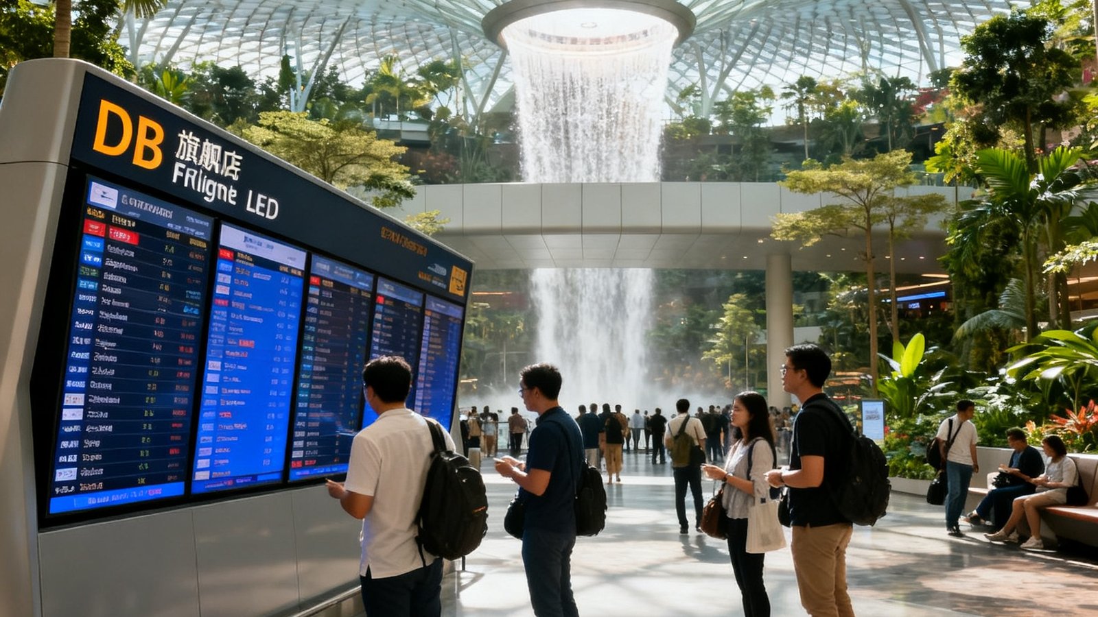 新加坡樟宜机场T4航站楼出发大厅内景，旅客们在DB旗舰LED航班信息屏前查看航班动态，屏幕在明亮的自然光下依然清晰锐利，远处可见机场标志性的室内瀑布景观